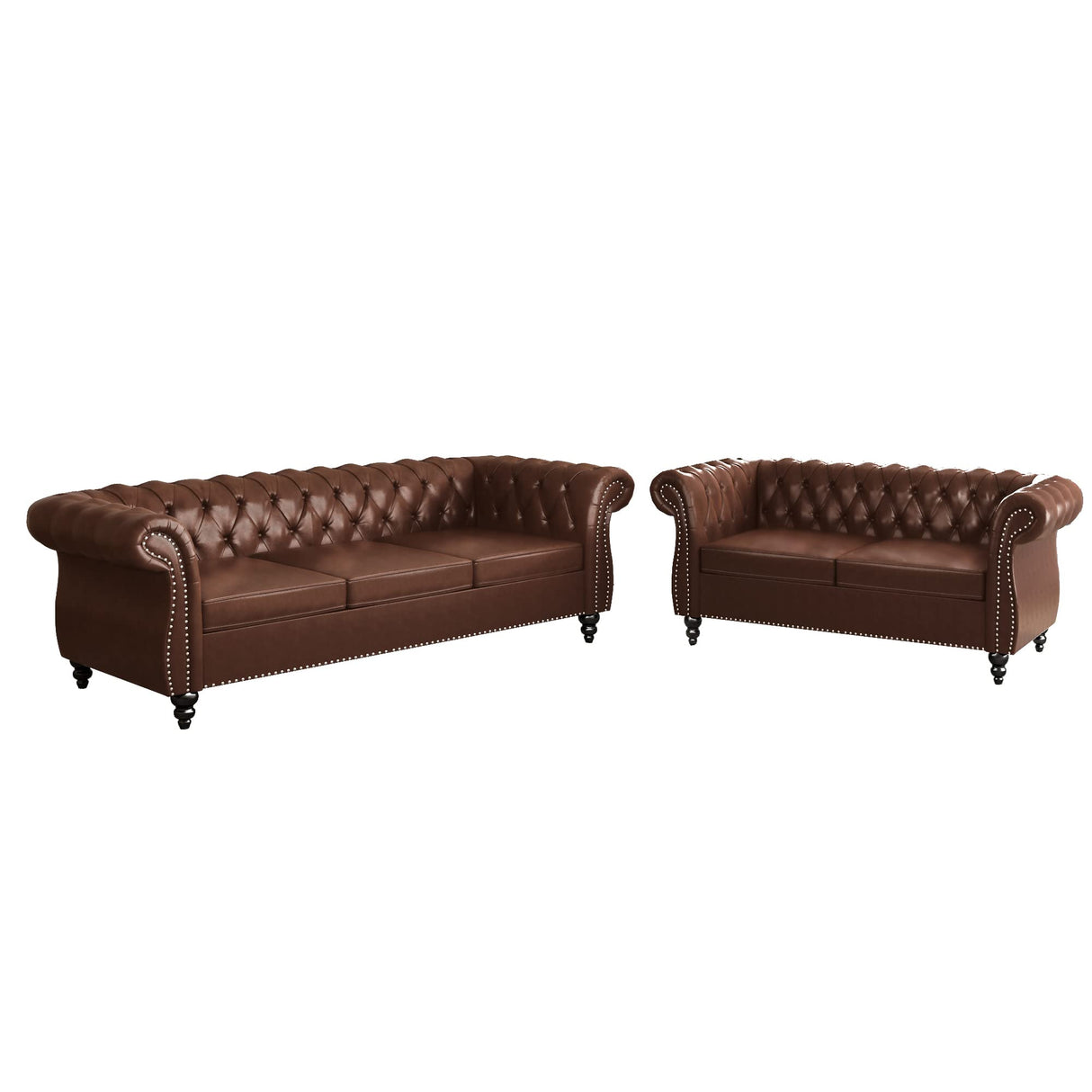 2 Piece Living Room Set, Chesterfield Leather Sofa Loveseat Couch with Scroll Arms and Nailhead for Living Room, Office (Dark Brown) ORRD