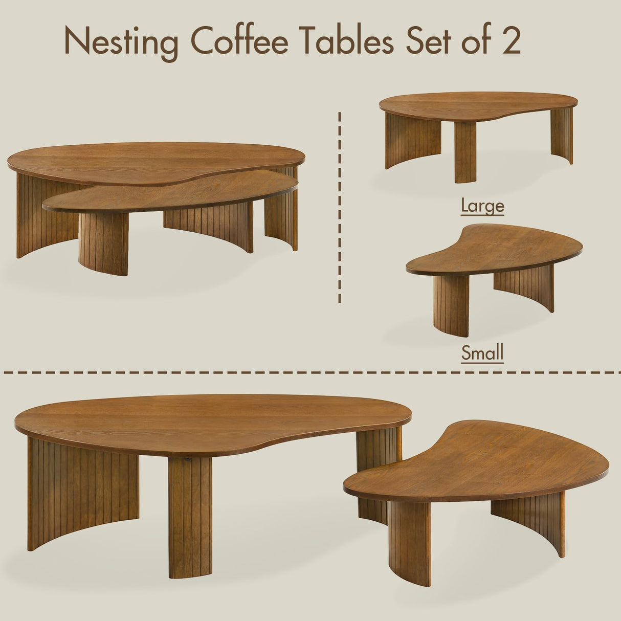 Hyfirm Walnut Nesting Coffee Table Set - 2-Piece Fluted Rubberwood Legs Living Room Center Furniture - MDF with Ash Veneer Irregular Oval Side Tables Hyfirm