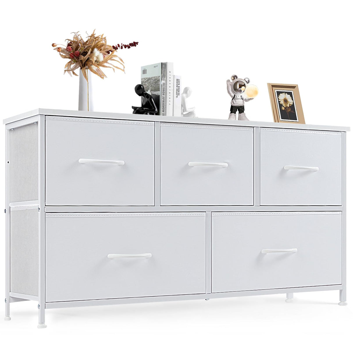 DUMOS Dresser for Bedroom, 5 Storage Drawers, Wide Fabric Closet Chests Organizer Tower Furniture with Wooden Top Metal Frame for Clothes, Guest Room, Living Room, Hallway, Entryway DUMOS