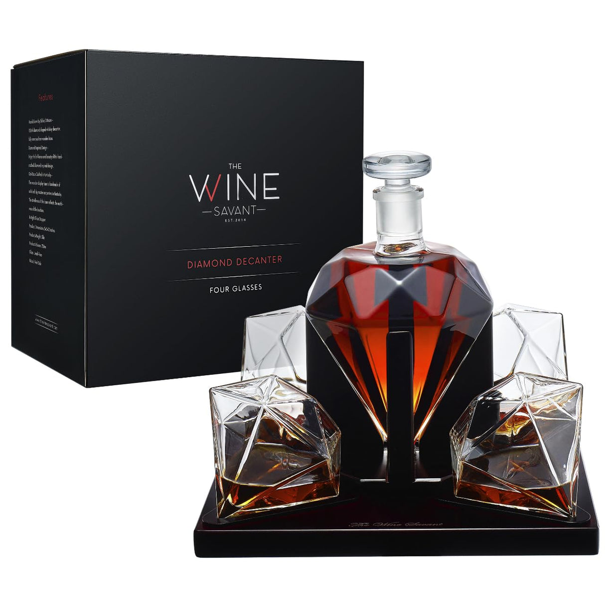 The Wine Savant Diamond Whiskey & Wine Decanter Set - 750ml With 4 Diamond Glasses and Beautiful Mahogany Wooden Holder Liquor, Scotch, Rum, Bourbon, Vodka, Tequila Tray Whiskey Gifts for Men & Women The Wine Savant