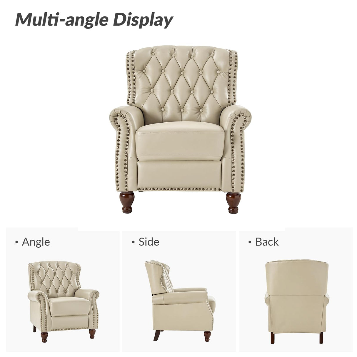 HULALA HOME Genuine Leather Recliner Chair Set of 2 w/Solid Wood Feet, Modern Adjustable Tufted Push Back Arm Chair w/Rivet Decoration, Home Theater Seating Reclining Sofa for Living Room, Beige HULALA HOME
