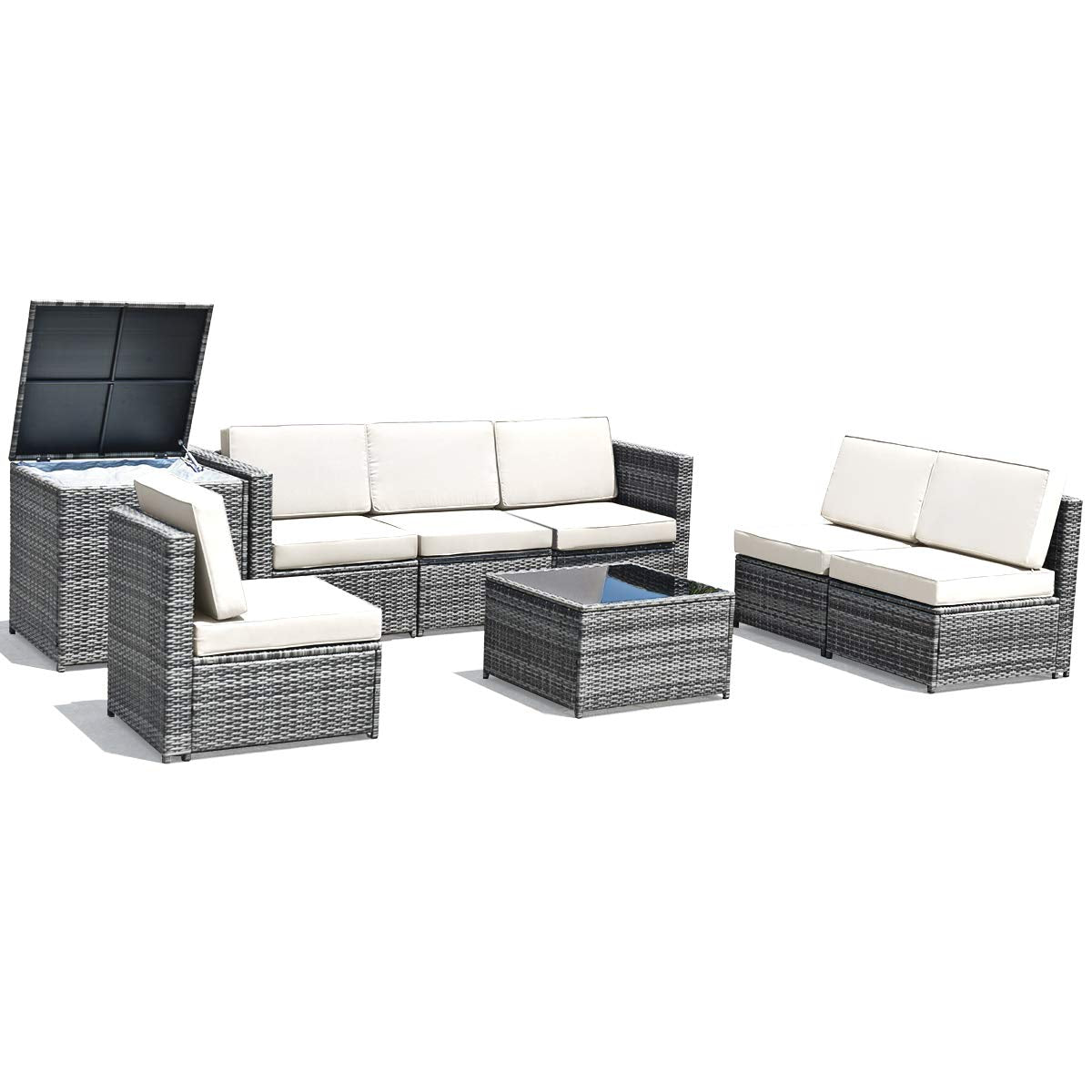 Tangkula 8 PCS Outdoor Patio Furniture Set, Rattan Wicker Sofa Set, Sectional Sofa Couch Conversation Set w/Storage Table and 12 Zippered Cushions for Garden Backyard Poolside (White) Tangkula