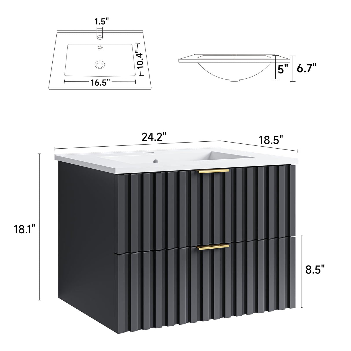 ONBRILL 24 Inch Bathroom Vanity with Sink Combo, Floating Bathroom Vanity with 2 Fluted Drawer & Metal Handles, Modern Wall Mount Bathroom Cabinet with Ceramic Integrated Sink for Small Space (Black) ONBRILL