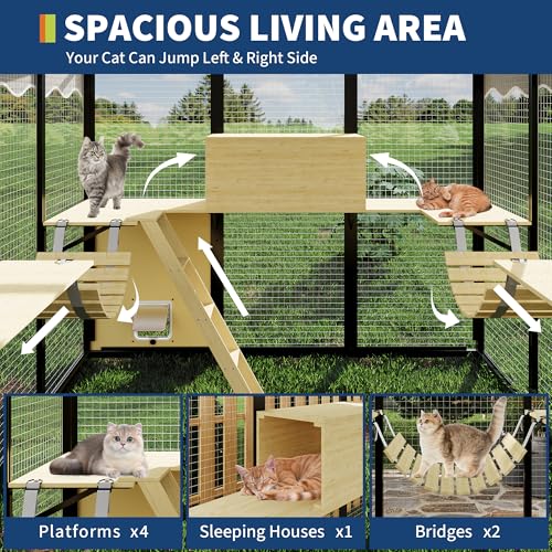 Large Outdoor Cat Enclosure for Multiple Cats - Weatherproof Catio with UV Cover, Platform & Side Door Garvee