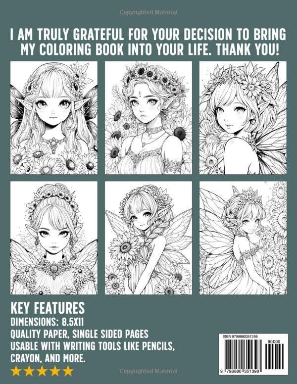 Sunflower Fairy Coloring Book: Adorable Enchanted Fairies Coloring Pages with Whimsical Sunflower Bloom Illustrations For Teens & Adults Anxiety Relieving Majosta