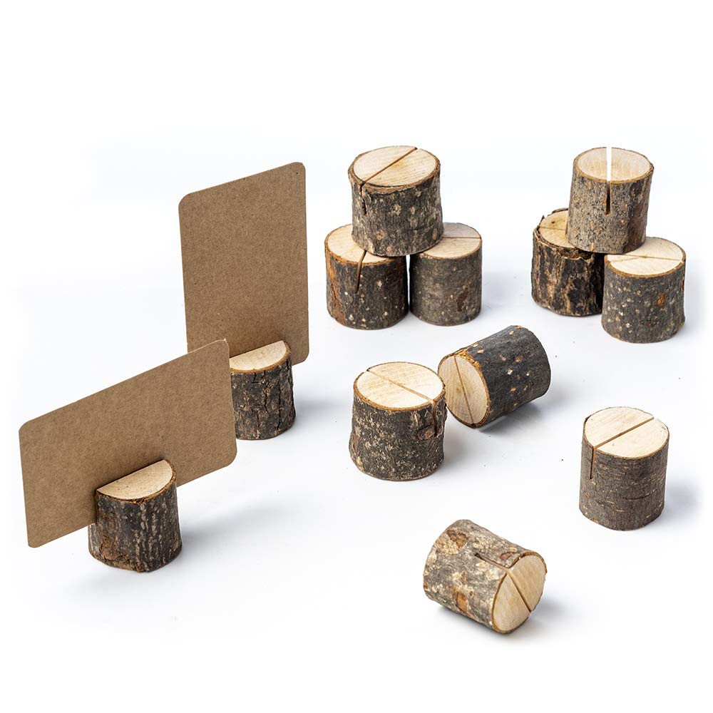 Jofefe 12Pcs Mini Rustic Wood Place Card Holders and 24Pcs Kraft Table Place Cards, Rustic Mini Table Number Holders, Table Sign Stand, Name Card Photo Picture Holders for Wedding, Party, Birthday. Jofefe