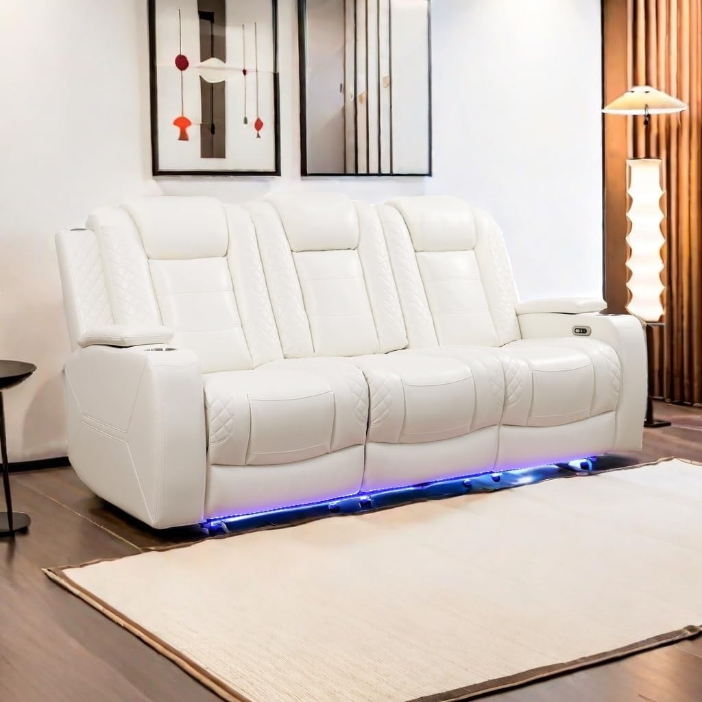 A Ainehome Power Leather Recliner Sofa Set with LED Lights, Recliner Sofa Sectional Couches for Living Room, Reclining Sofa and loveseat with USB Port/Storage Console(Creamy White,Sofa) A Ainehome