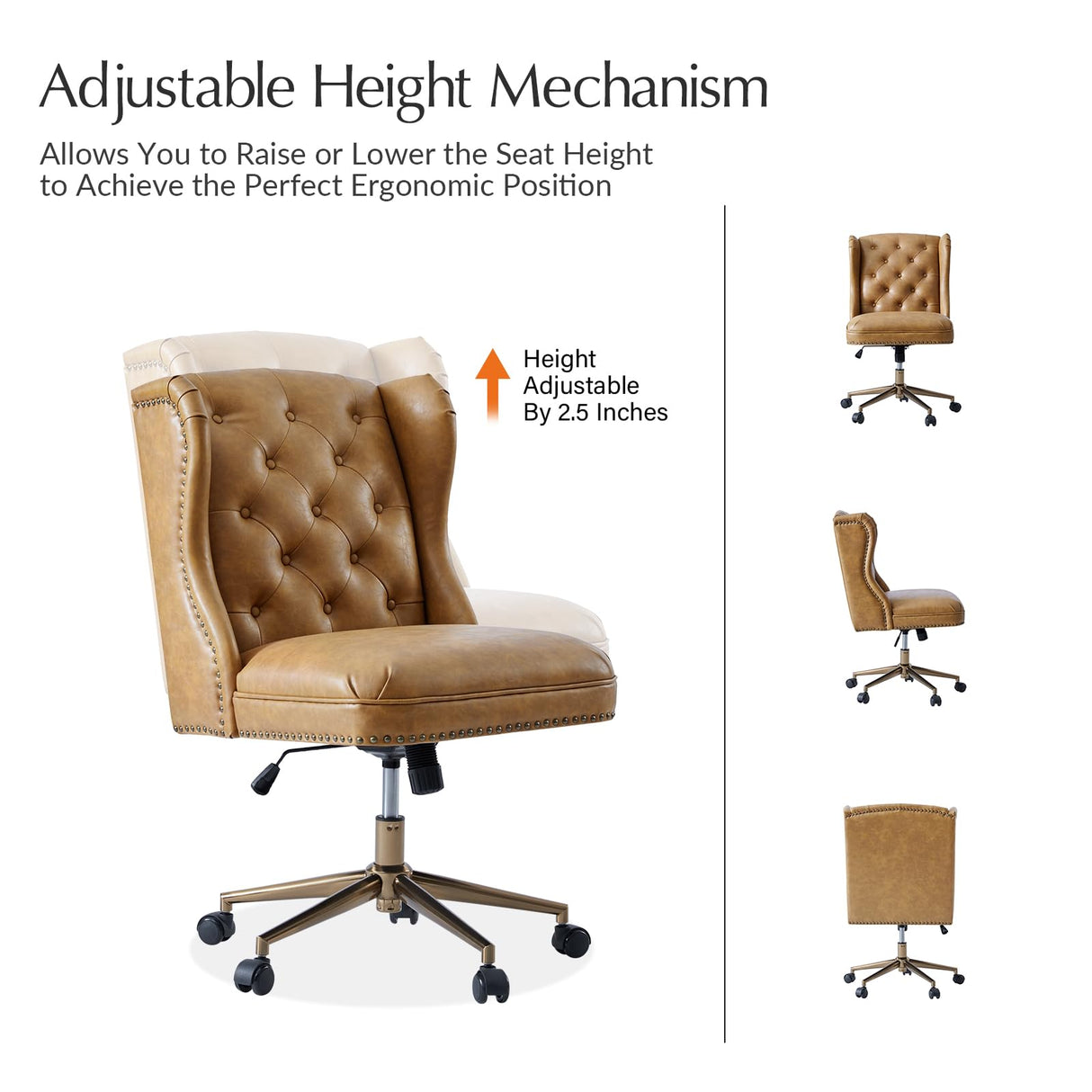 HULALA HOME Modern Faux Leather Desk Chair with Button Tufted Wingback, Adjustable Swivel Computer Chair with Nailhead Trim, Upholstered Task Chair for Home Office, Camel HULALA HOME