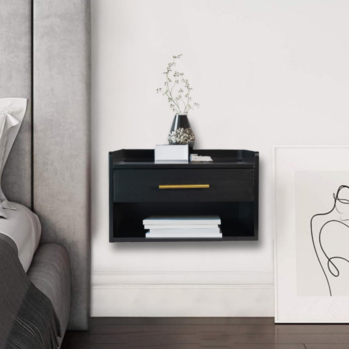 TSG Modern Floating Nightstand with Drawer, Black Wood Finish, Modern Night Stand with Gold Hardware, Enclosed Drawer and Open Shelf, Easy Assembly & Install, Strong Bamboo with Top Shelf Edge Guard TSG Modern