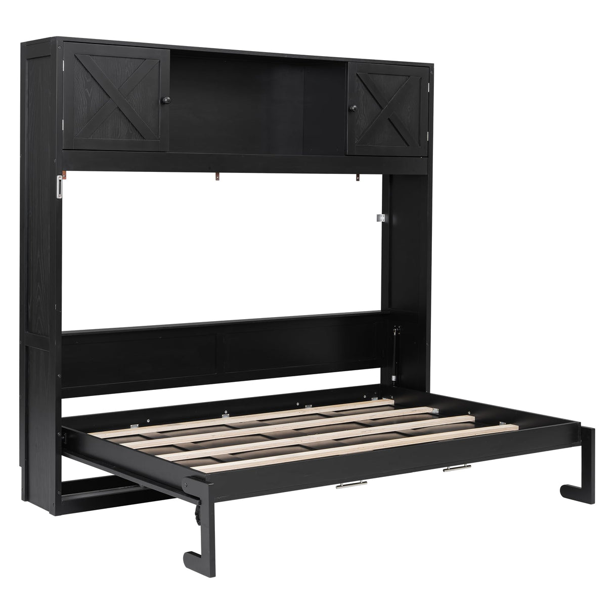 Merax Full Size Murphy Bed with Storage Cabinets, Rustic Solid Wood Wall Bed with 3 Cabinet Shelves, Space Saving Foldable Bed for Studio Apartment, Guest Room, Home Office, Black Merax