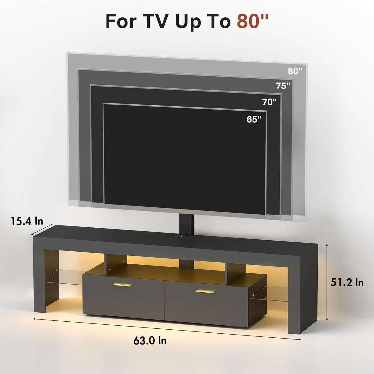 Redkey Modern TV-Stand with Mount - TV Console with 2AC Outlets - Television Stands with RGB Led Light for 70 75 80 Inch TVs - Double Cabinet - Open Glass Shelves - Pure Black Redkey