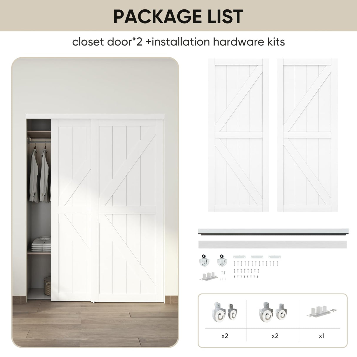 JUBEST 60"(Double 31") x80" Sliding Closet Door, K Style MDF Bypass Closet Door with Hardware Kit & Matching Fascia, Preassembled Solid Wood Slab with Water-Proof PVC Surface, Easy to Install, White JUBEST