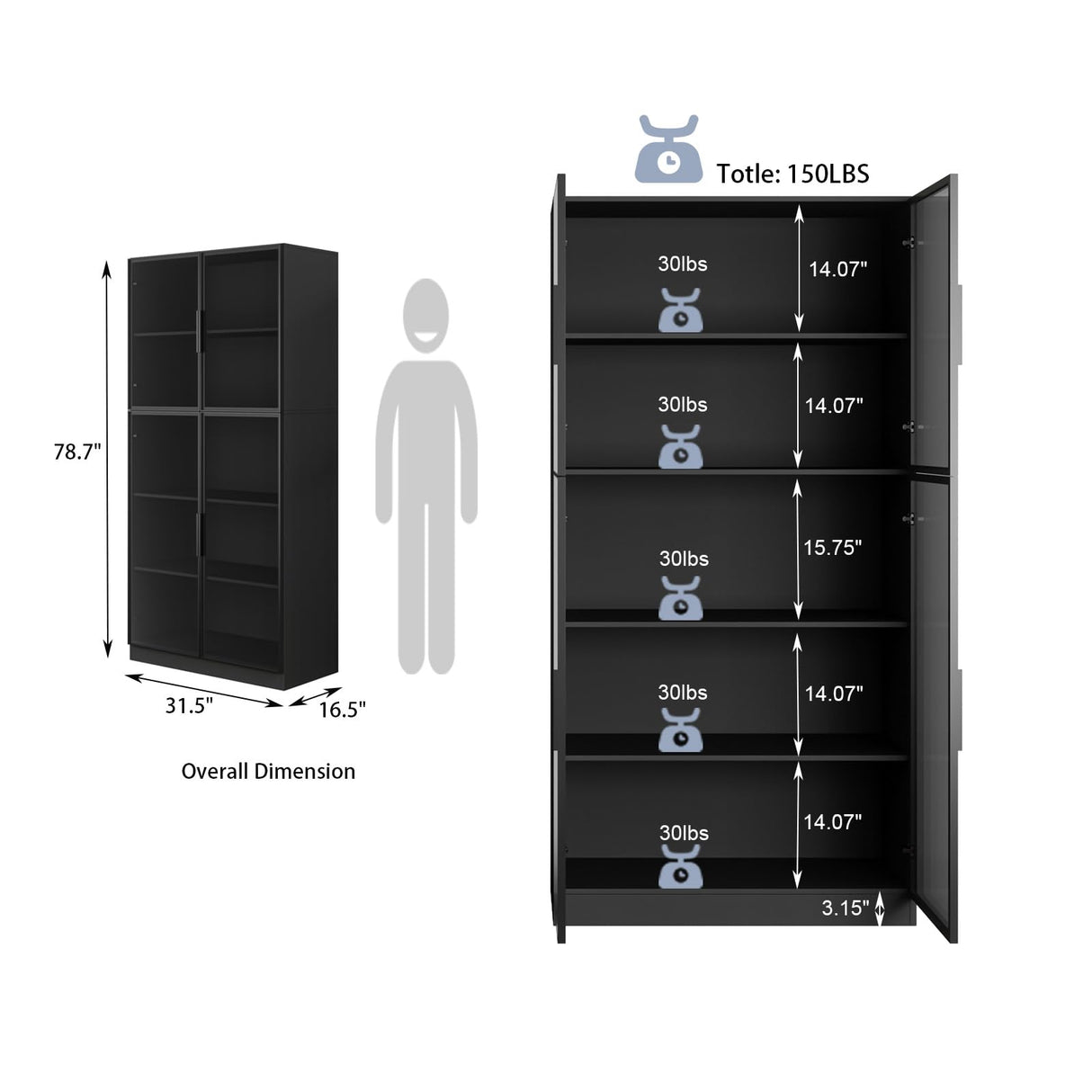 Bobve 5-Tier Elegant Glass Display Cabinet with 4 Doors for Collectibles and Books, 78.7" Tall Bobve