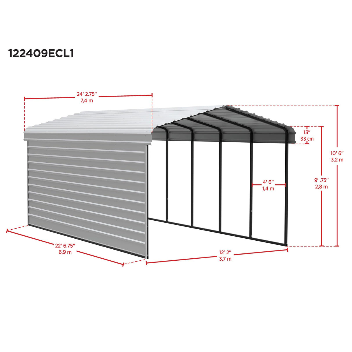 Arrow Carports Galvanized Steel Carport, with 1-Sided Enclosure, Compact Car Metal Carport Kit, 12' x 24' x 9', Eggshell Arrow Shed