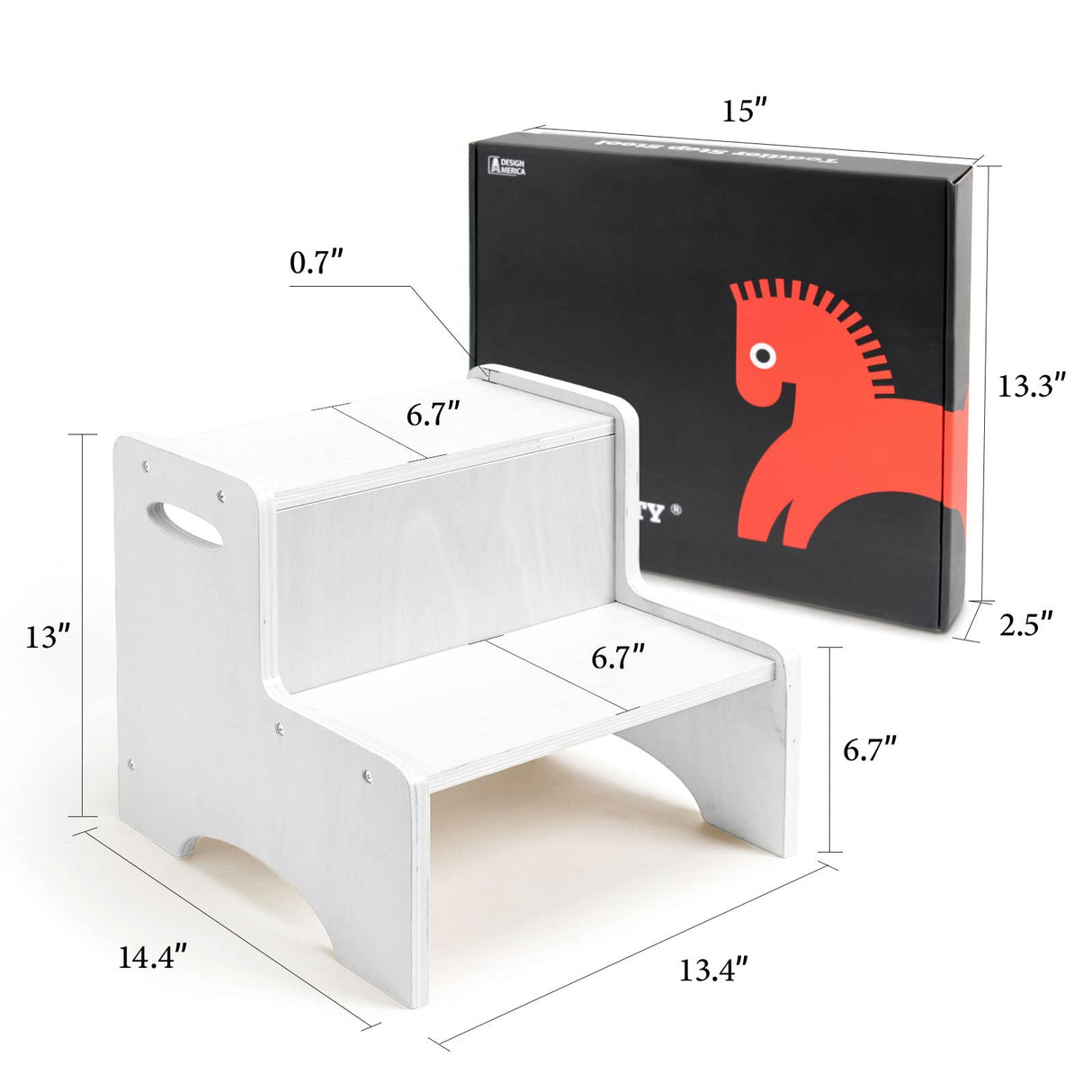 WOOD CITY Wooden Toddler Step Stool for Kids, White Two Step Children's Potty Stool with Handles, Bonus Non-Slip Pads for Safety, Bathroom & Kitchen, Dual Height WOOD CITY