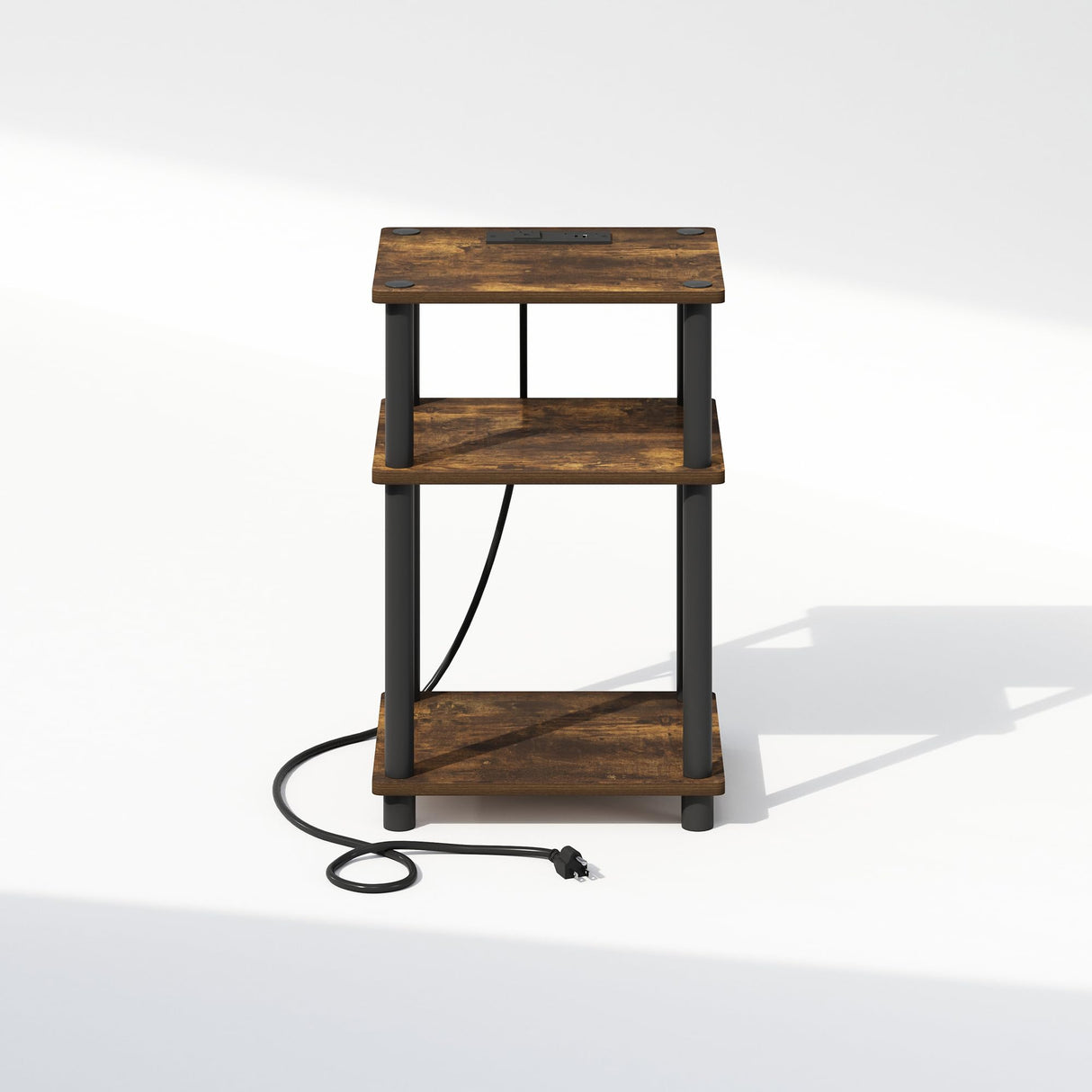 Furinno Just 3-Tier Turn-N-Tube Open Storage Nighstand, Bedside Table with USB and Type-C Charging Station, Amber Pine/Black Furinno