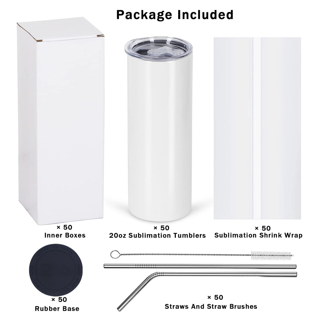 Micellwuu 50 Pack Sublimation Tumblers Bulk 20 oz Skinny Straight,Stainless Steel Sublimation Blanks Skinny Tumbler Cups White, Individually Boxed Micellwuu