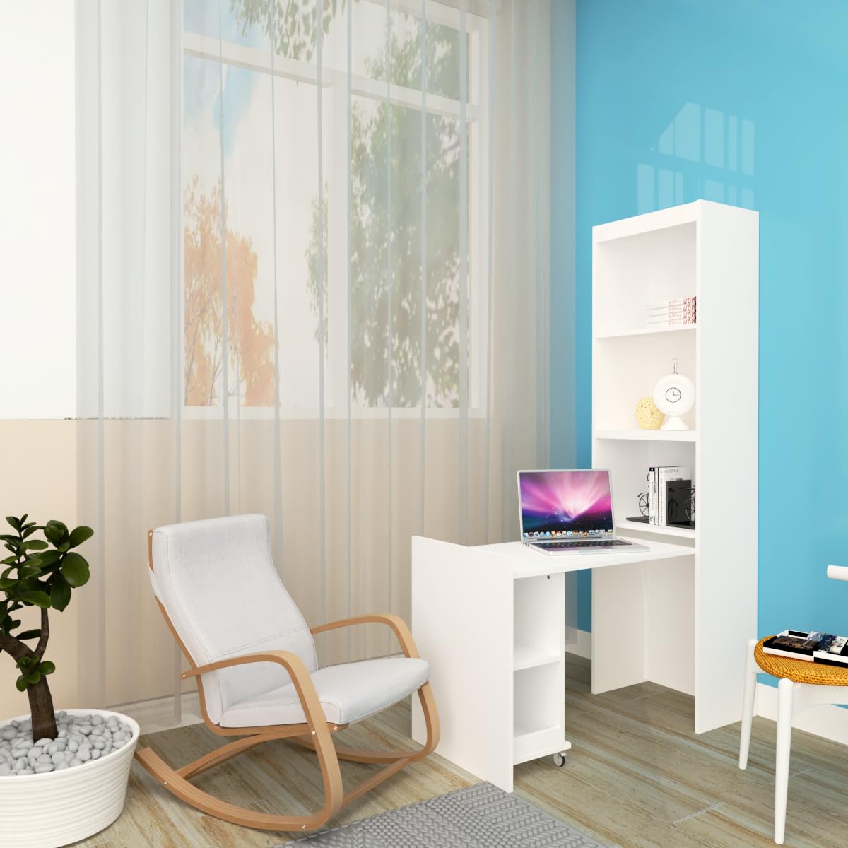 FAVSH Queen Size Murphy Bed Cabinet with Shelf and Hidden Table, Wood Hideaway Beds,Wall Bedframe for Bedroom,Space-Saving, Noise Free, White FAVSH