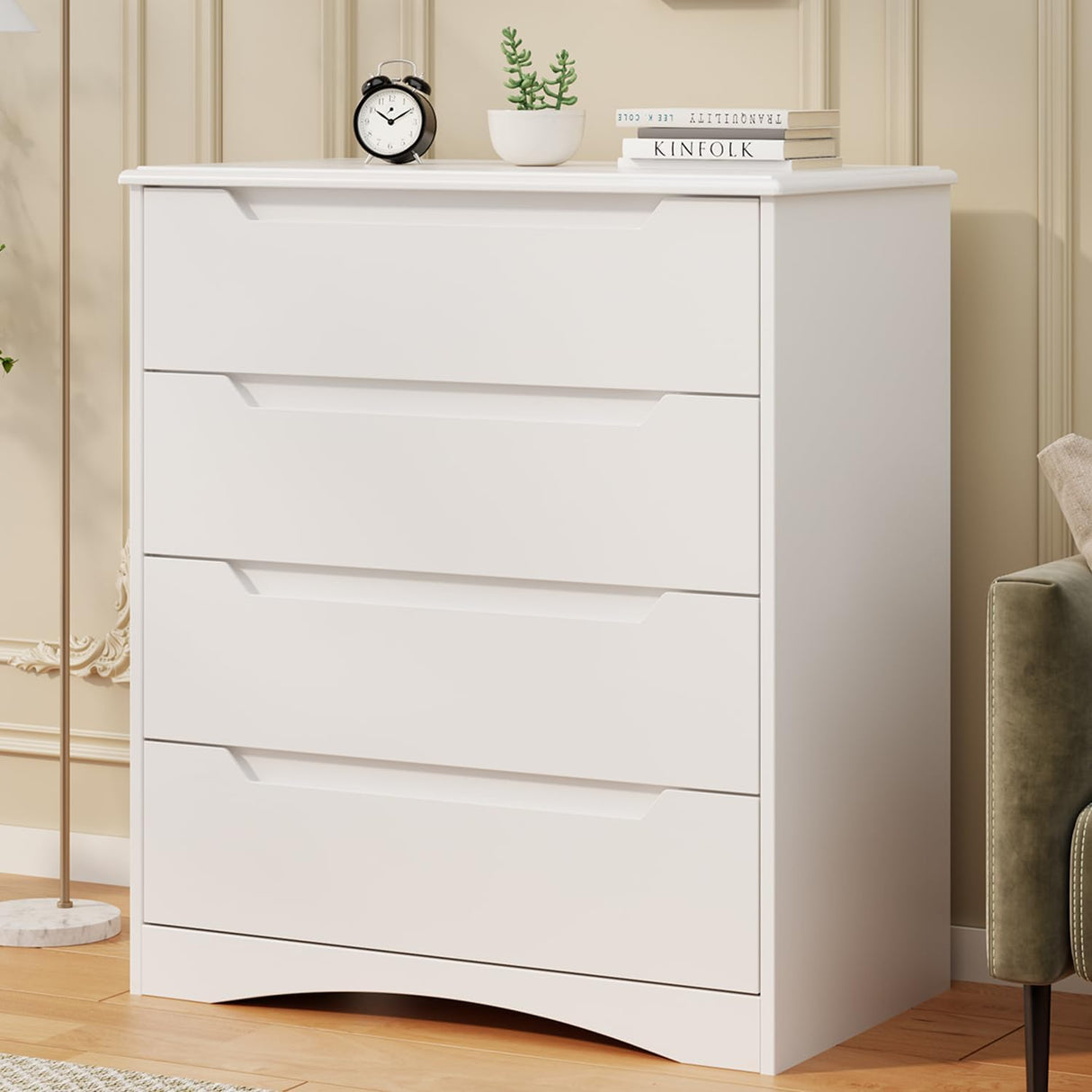 Bealife Dresser for Bedroom, 4 Drawer Dressers Chest of Drawers with Anti-Tripping Device, White Dresser for Closet with Embedded Handles, Closet Chests Organizer for Hallway, Living Room (White) Bealife