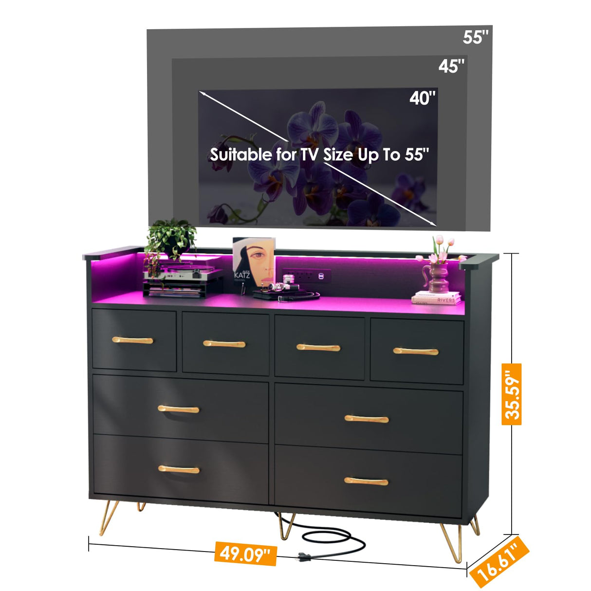 Black Dresser with Power Outlet and LED Lights, Wood 8 Drawer Dresser for Bedroom, Modern Chest of Drawers with Gold Handles and Open Storage Space for Closet, Living Room, Entryway HarmoHaby