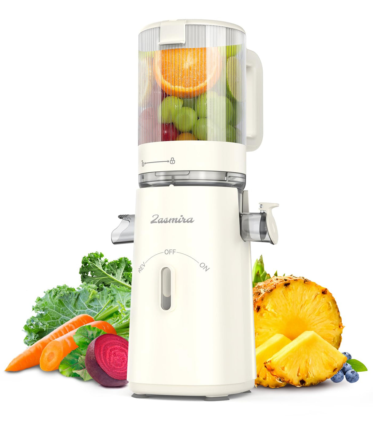 Cold Press Juicer, Updated Masticating Juicer Machines with 5" Feeding Chute Fit Whole Fruits &Vegetables, 99.6% Juice Purity, Streamlined Parts Easier to Clean/1.5L Capacity/2 Cups Included Zasmira