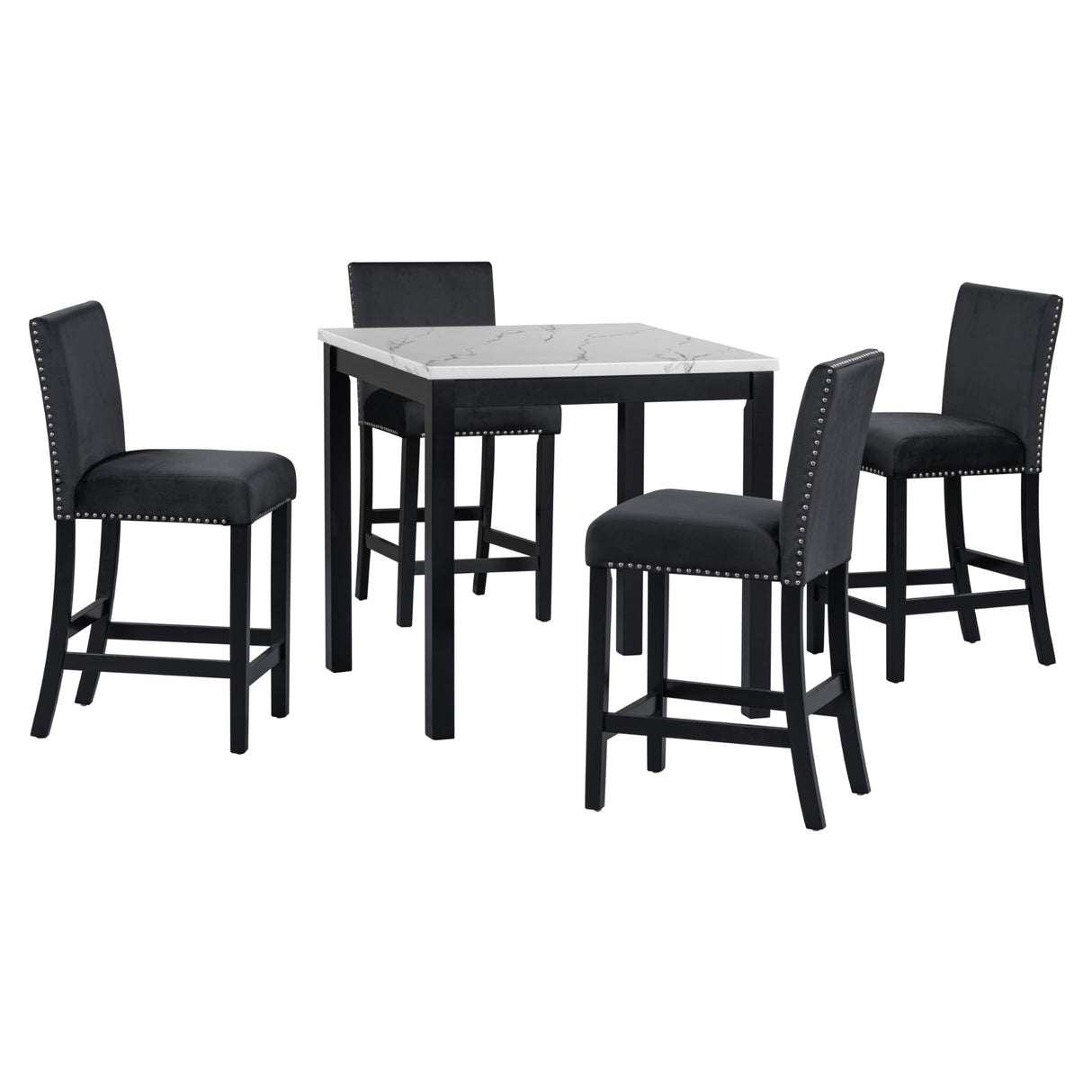 5 Piece Counter Height Dining Table Set with Square Faux Marble Table and 4 Upholstered Chairs, Solid Wood Kitchen Dining Table Set for Small Spaces, Family Kitchen and Dining Room.(Black) Bellemave