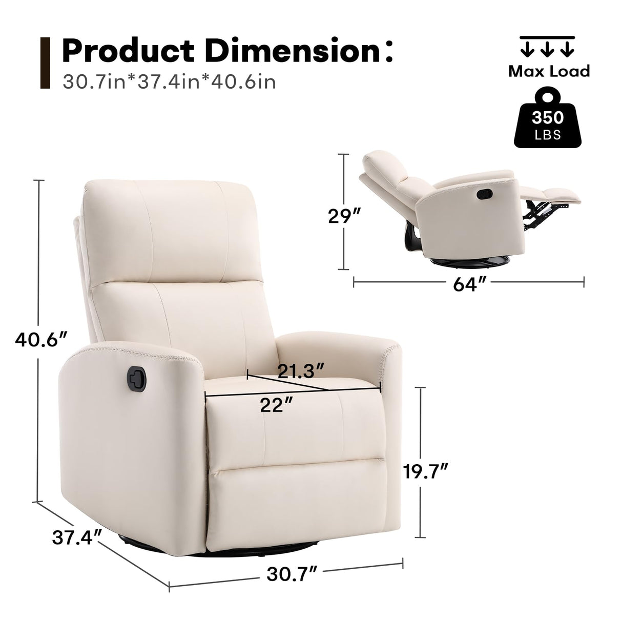HAOMARKETS Swivel Rocker Recliner Chair, Manual Faux Leather Glider Rocking Recliners for Adults, 360° Swivel Nursery Reclining Sofa with Padded Backrest for Living Room, White HAOMARKETS