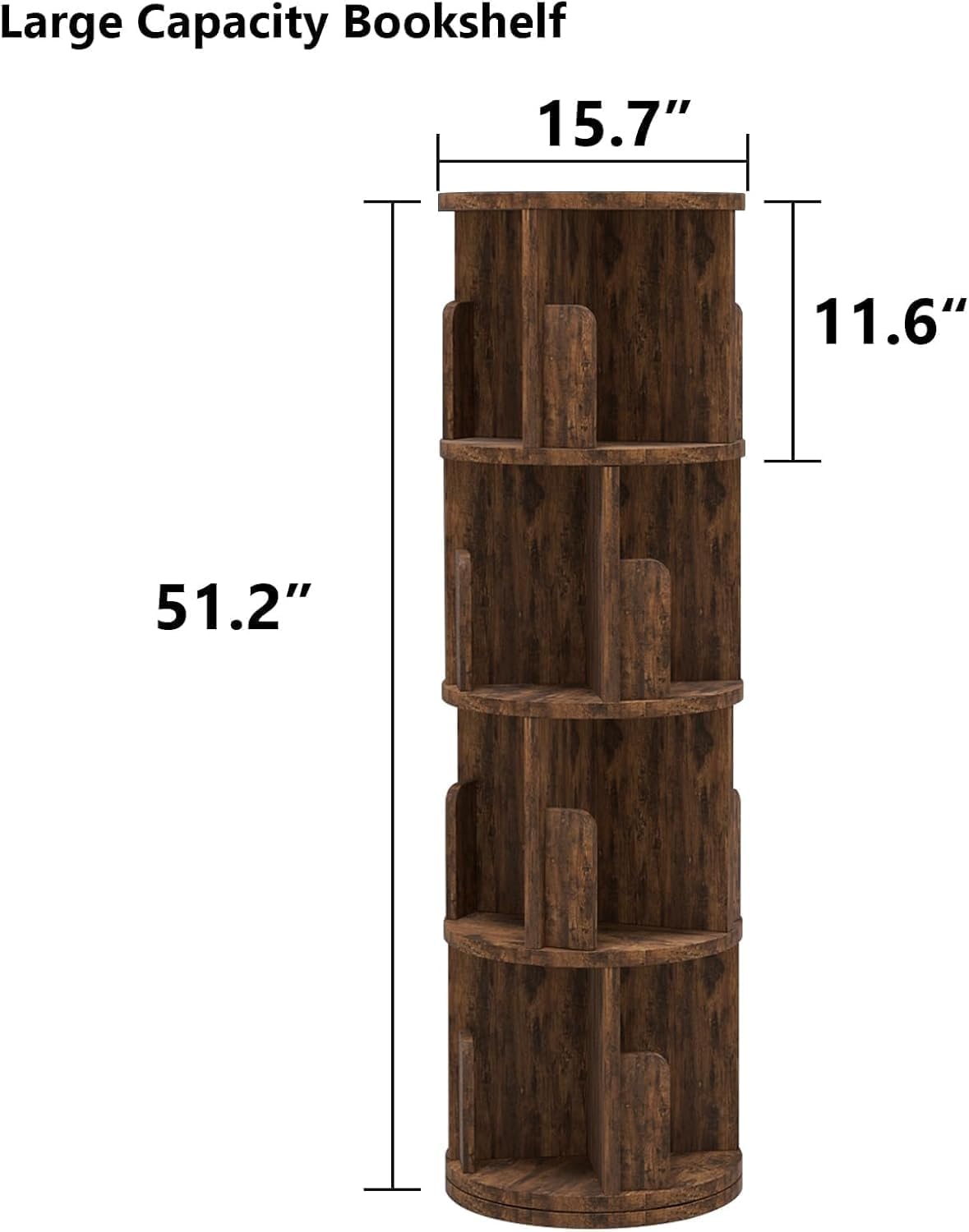 Breezestival 360° Rotating Bookcase, Small Corner Bookcase with a Footprint, Free Standing Bookshelf (4 Tier, Dark Brown) Breezestival