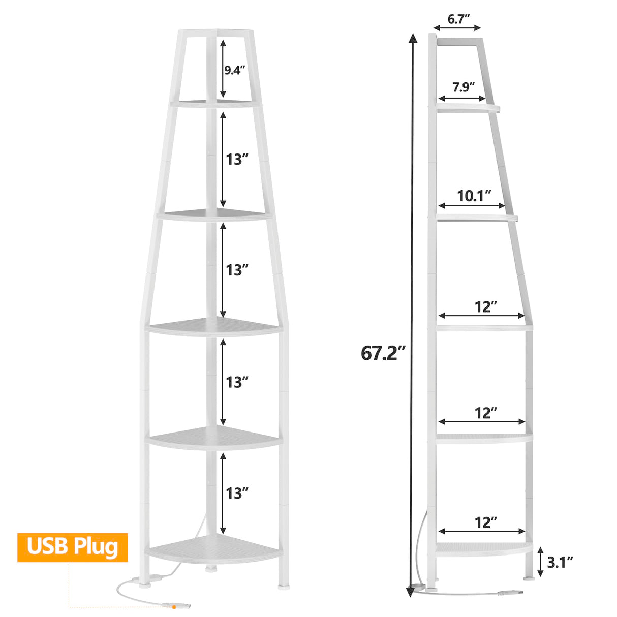 Furnulem 5 Tier Corner Shelf with LED Light, 67.2” Tall Standing Shelf for Wall Corner, Narrow Bookshelf Ladder Shelf for Bedroom, Living Room, Plant, Wood Storage Rack, Metal Frame (White) Furnulem