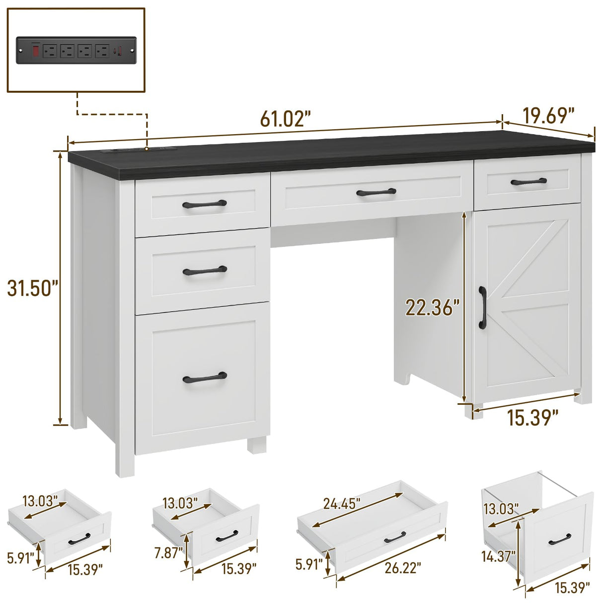 Farmhouse 61'' Executive Desk with 5 Drawers, Rustic Office Desk Computer Desk with Charging Station, File Drawers and Storage Cabinet, Wood Workstation for Home Office and Study.(Black Top) Vabches