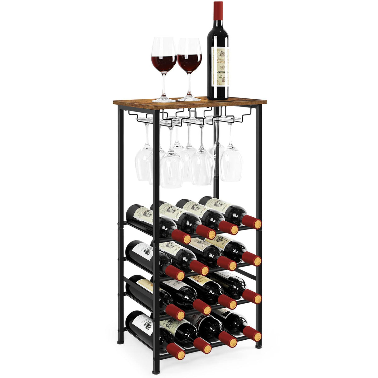 Wine Rack Freestanding Floor, Rustic Wine Holder Stand with Wine Storage and Bottle Shelf, 16 Bottles Floor Wine Rack Shelf for Kitchen Dining Room, Office, Bar, Rustic Brown OYEAL