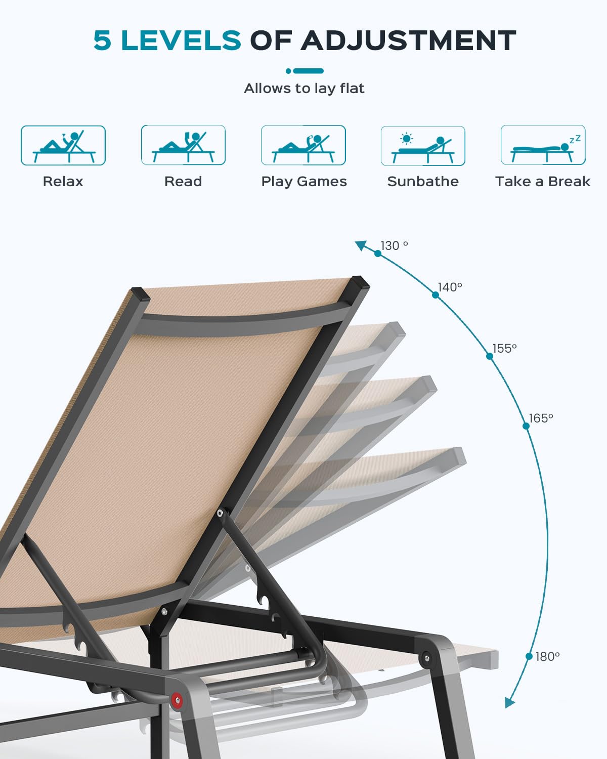 Patio Chaise Lounge Chair, Foldable Lounge Chair for Outside, Aluminum Chairs Set of 2 with 5 Adjustable Backrest, Outdoor Pool Lounger for Poolside, Lawn, Deck, Khaki Ciokea