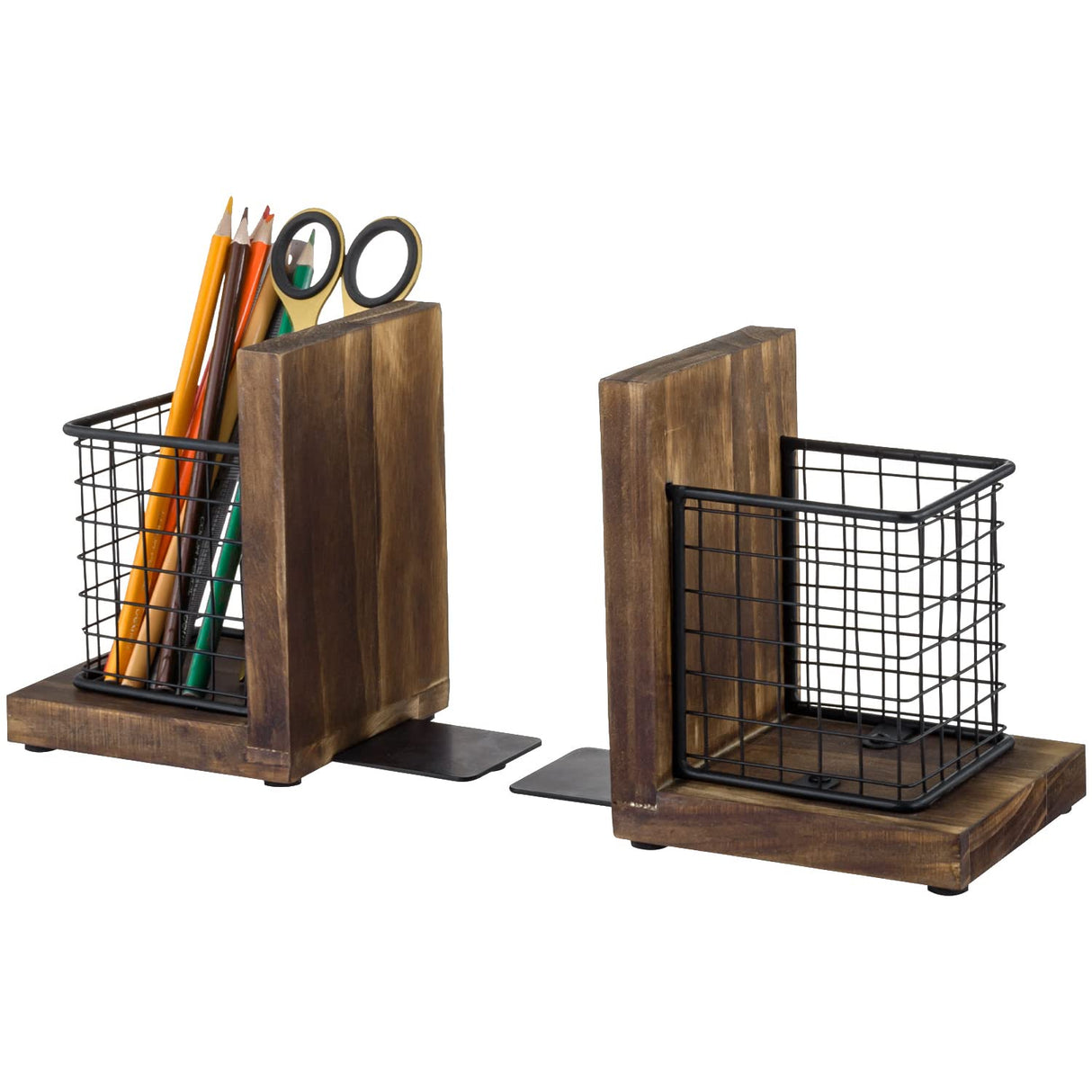 MyGift Rustic Burnt Wood Decorative Bookends for Heavy Books with Matte Black Metal Wire Basket Pencil Cup and Office Supplies Storage Baskets, 1-Pair MyGift