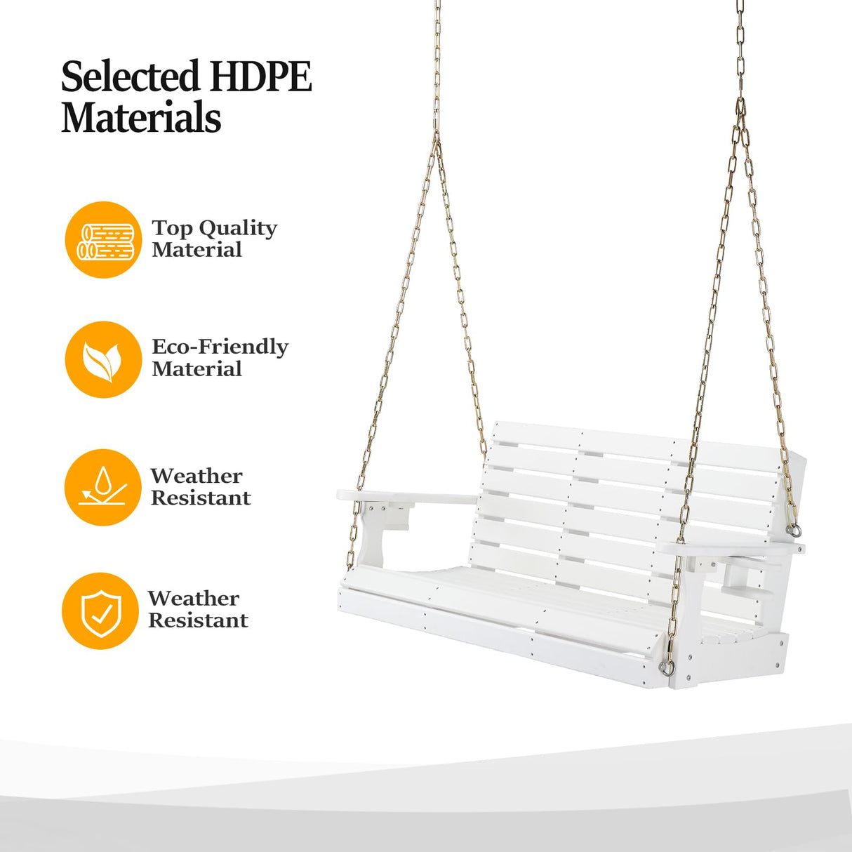 VINGLI Heavy Duty 1600 LBS HDPE Porch Swing Outdoor with Rotatable Cup Holder, 4 FT Patio Bench Swing with Adjustable Chains, 2 Person Hanging Porch Swing Chair for Porch, Yard, Tree, Garden - White VINGLI