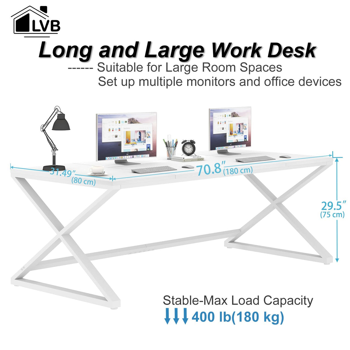 LVB 70.8" Long Desk, Modern Large White Computer Desk for Home Office Work, Wood Metal Computer Table for Writing Study in Bedroom, Simple Gaming Desk for 2 Monitor Workstation, White Oak, 70 in LVB