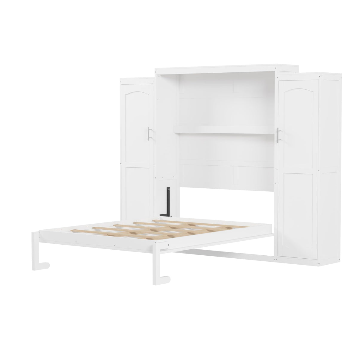 Full Size Murphy Bed Wall Cabinet with 2 Wardrobe and Storage Shelf, Wooden Murphy Cube Wall Bed, Space Saving Pull Out Hidden Bedframe for Guest Room, Apartment, White VYNELITO