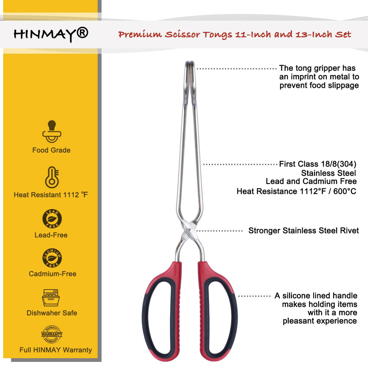 HINMAY Stainless Steel Scissor Tongs 11-Inch and 13-Inch Set, Set of 2 HINMAY