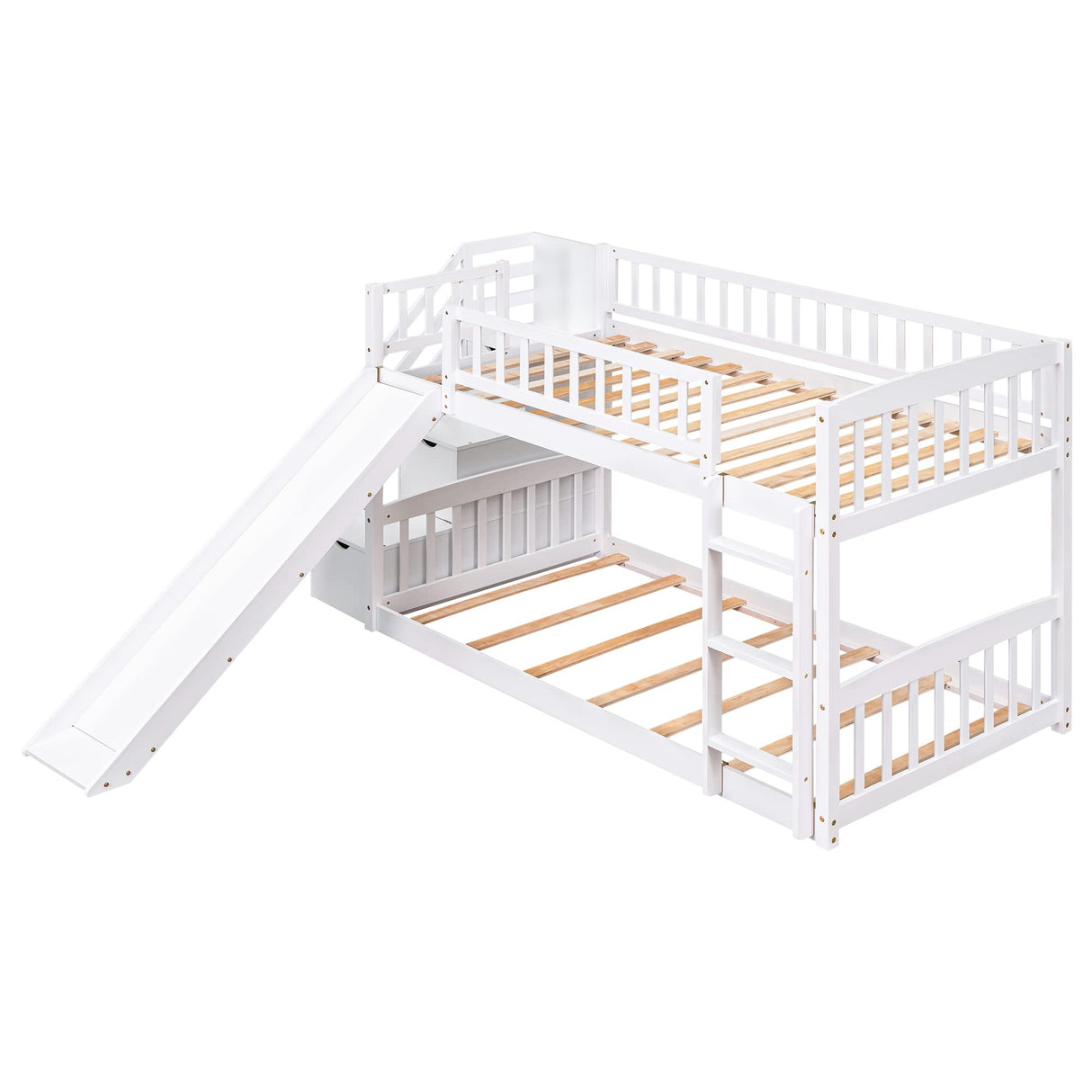 CITYLIGHT Kids Bunk Bed with Slide and Stairs, Twin Over Twin Bunk Bed with 3 Drawers, Floor Bunk Bed for Kids, Wooden Bunk Bed Frame, White CITYLIGHT