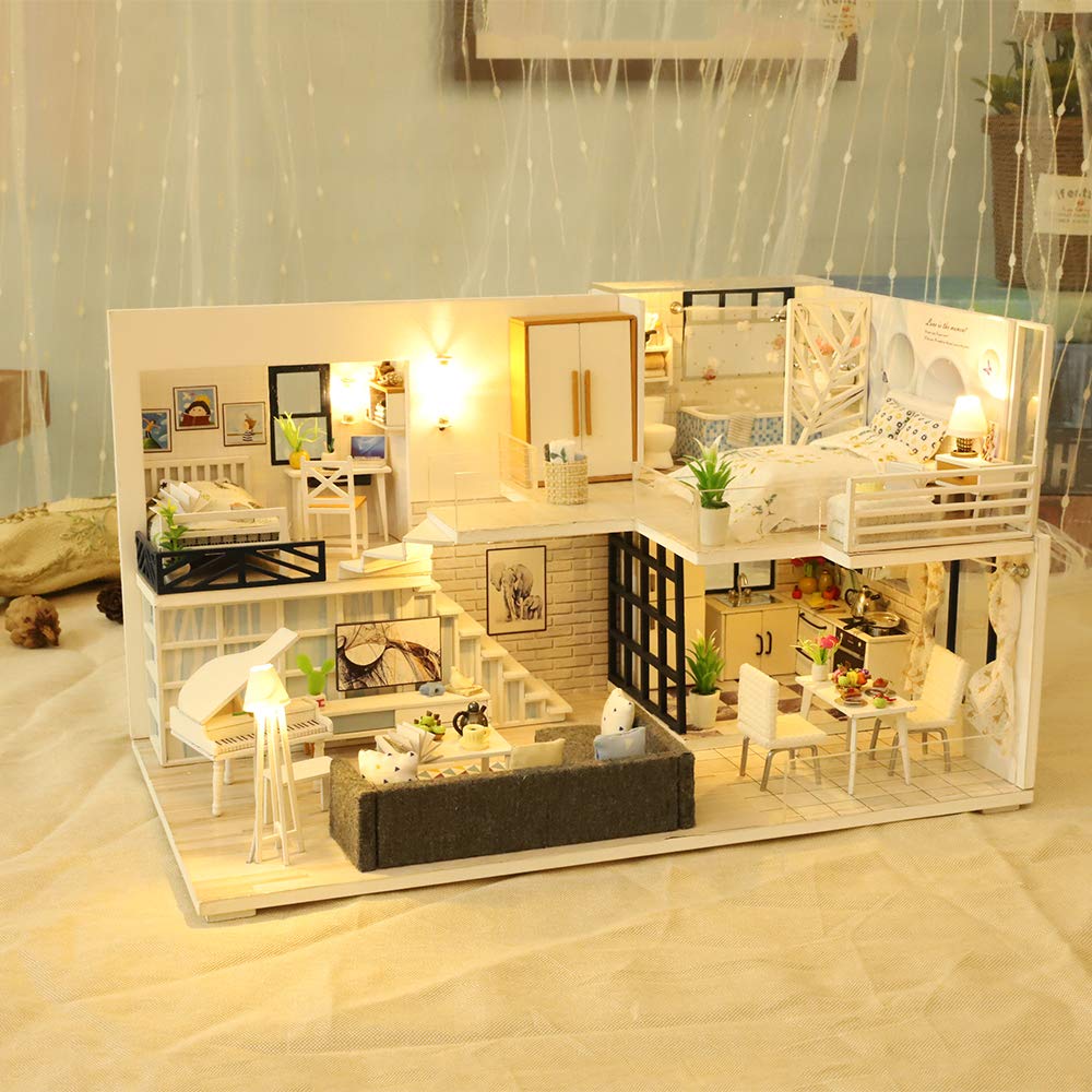 GuDoQi DIY Miniature Dollhouse Kit with Furniture, Tiny House kit 1:24 Scale, Need to Assemble Around 30 Hours, Great Handmade Crafts Gift for Birthday, Christmas, Life House(No Dust Cover) GuDoQi