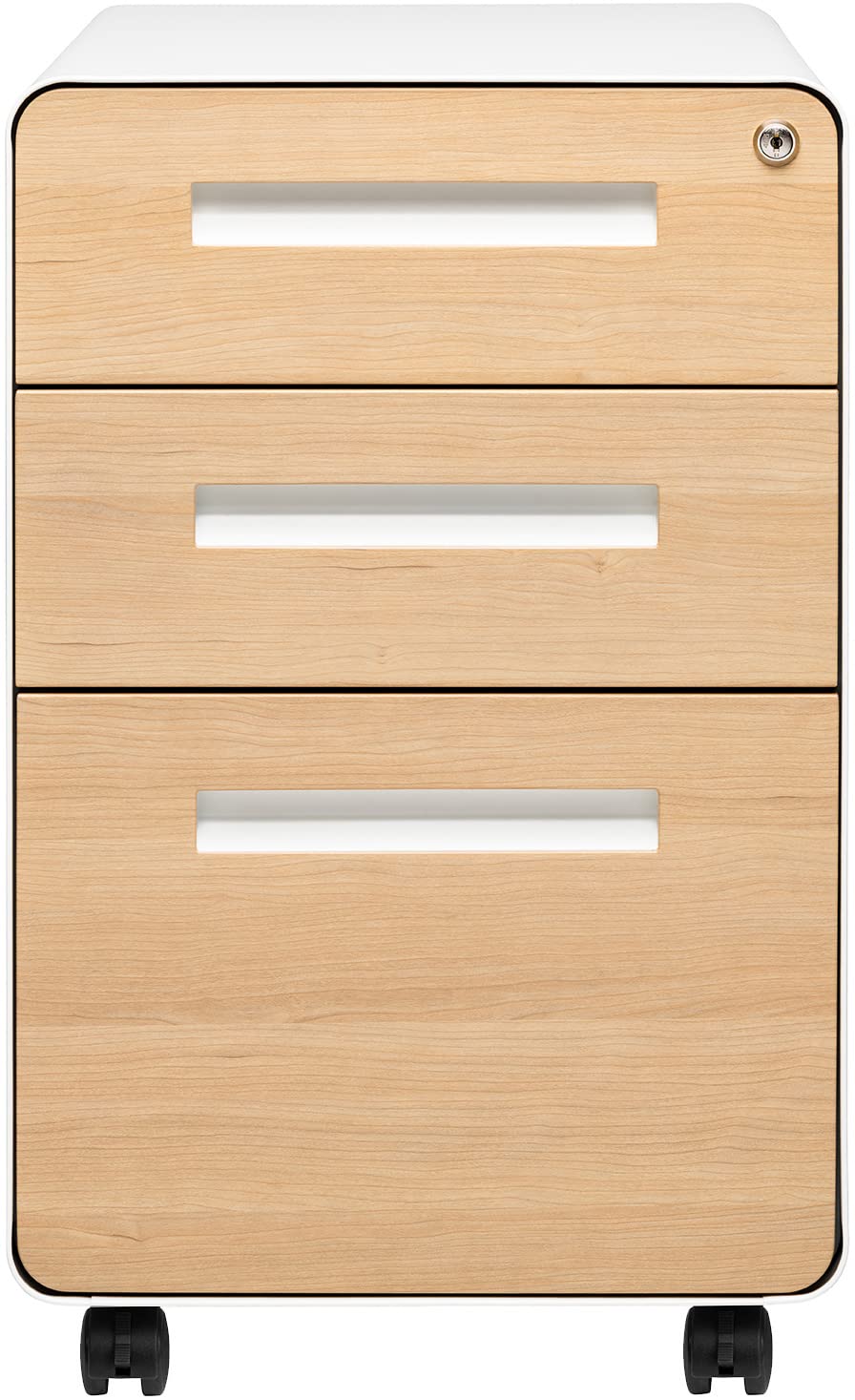 Laura Davidson Furniture Stockpile 3 Drawer File Cabinet with Lock - Under Office Desk Metal Filing Cabinet, Legal/Letter File Folders, Wheels and Stationary Feet, Pre-Assembled, White/Wood Laura Davidson Furniture