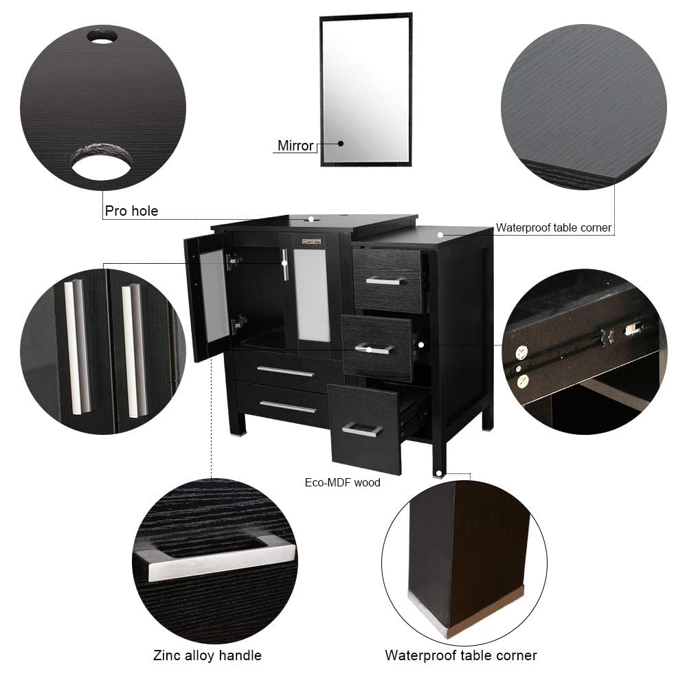 eclife 60" Modern Bathroom Vanity Sink Combo Black W/Small Side Cabinet Blue Boat Glass Vessel Sink & Water Save Faucet & Pop Up Drain (2A29BU) eclife