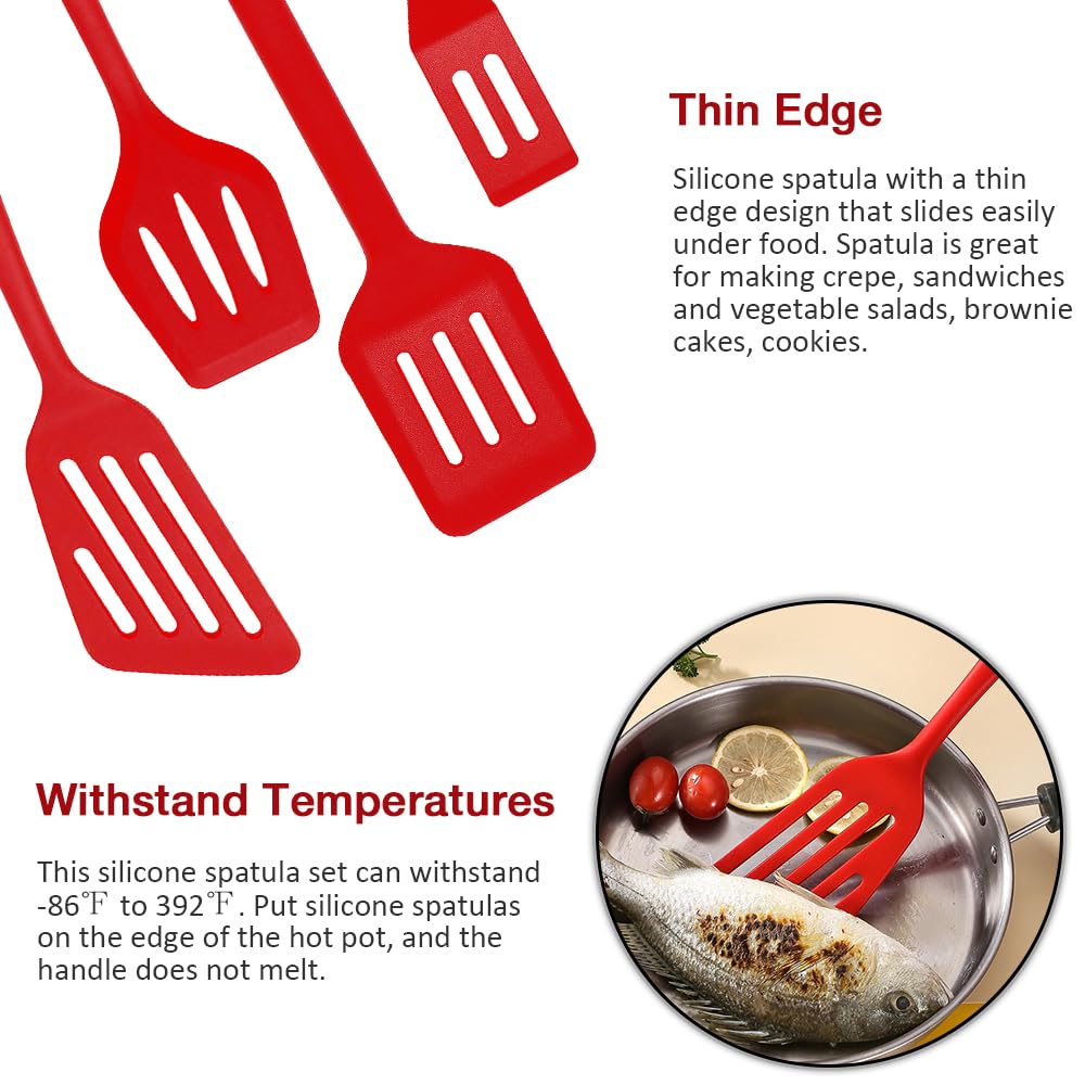 Pharamat Silicone Spatula Set of 4, Silicone Spatula Turner for Kitchen Use, Silicone Slotted Fish Turner Easy to Clean, Slotted Spatula for Eggs, Pancakes(Red) Pharamat