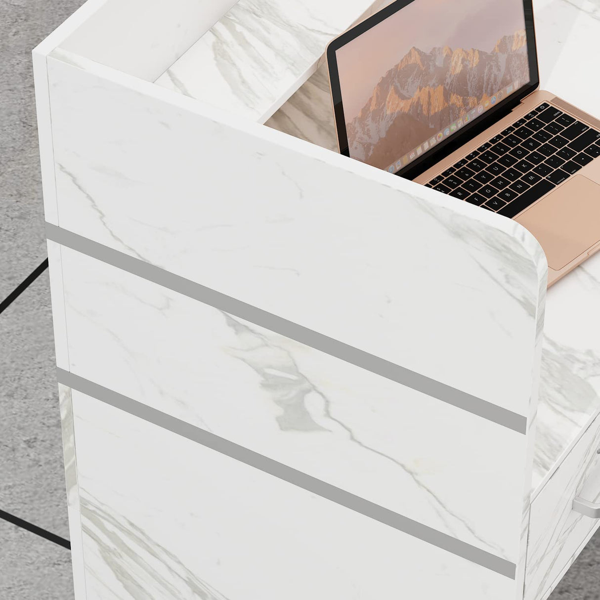 Homsee Modern Reception Desk with 3 Drawers, 1 Door Storage Cabinet & Hutch Shelf, Office Wooden Computer Desk, Writing Study Table PC Laptop Desk, White Marble (47.3" L x 18.3" W x 43.3" H) Homsee