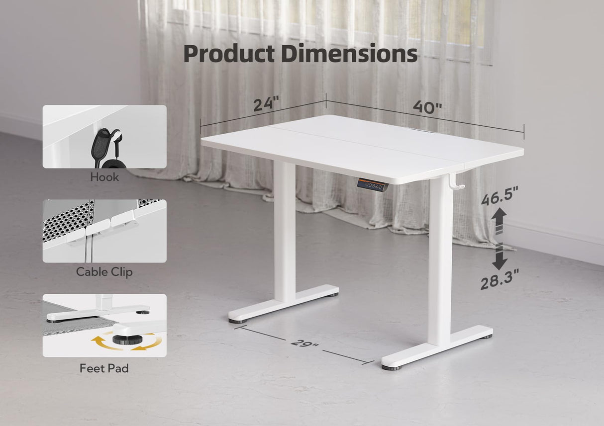 YDN Electric Standing Desk Adjustable Height, 40 x 24 Inches Stand up Desk with Cable Management, Home Office Desks with Splice Board & White Frame, White Top YDN