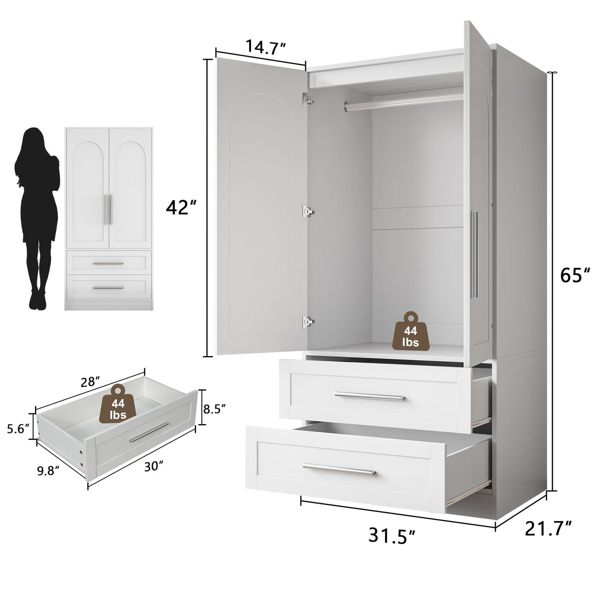 Einhomn Wooden Armoire Wardrobe Closet with 2 Doors and 2 Drawers,Bedroom Freestanding Armoire Storage Cabinet with Shelves,Tall Clothing Storage Cabinet for Bedroom,White Einhomn