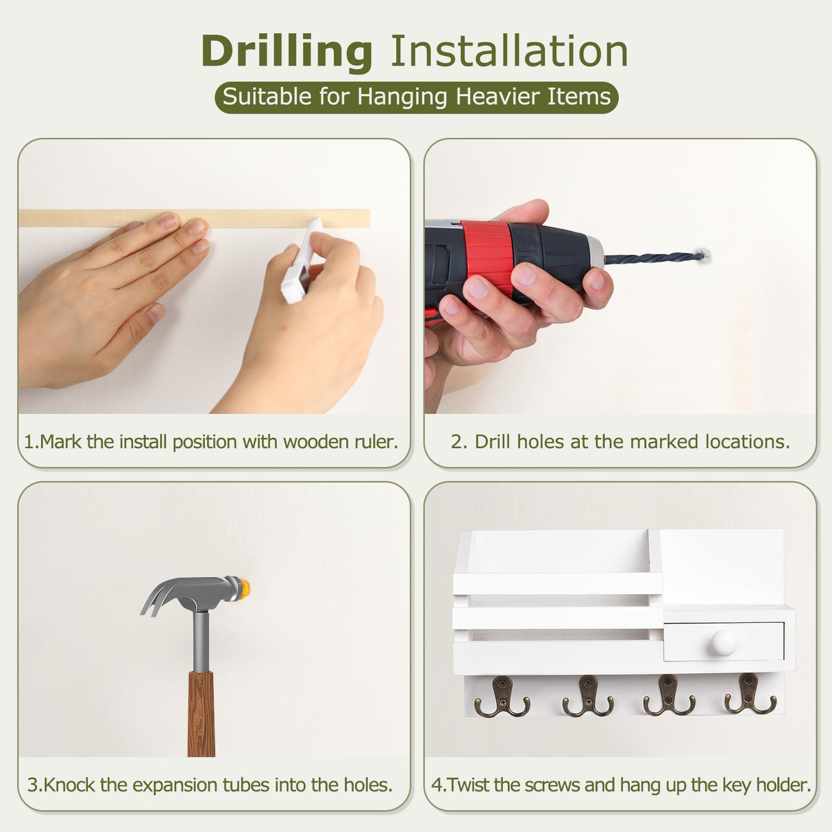 HOMEBROS Key Mail Holder for Wall, White Wooden Key Mail Organizer with Drawer Wall Mount Key Rack with Shelf Key Storage Hanger with 8 Key Hooks for Entryway Hallway 2 Installation Methods HOMEBROS