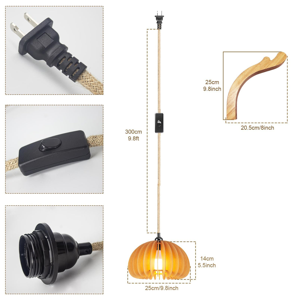 Wood Lantern Plug in Wall Sconces, Wicker Brackets Wall Lamp with Plug in Cord Hand Woven Rattan Bedside Reading Light, Wooden Globe Pumpkin Shade Hemp Rope Hanging Lamp for Living Room Bedroom ArcoMead
