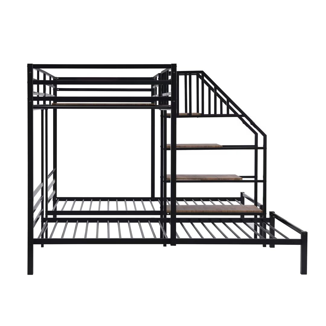 JIJIWANG Twin Triple Bunk Bed for 3 Kids, Metal L-Shaped Bunk Bed Frame with Staircase, No Box Spring Needed, Black JIJIWANG