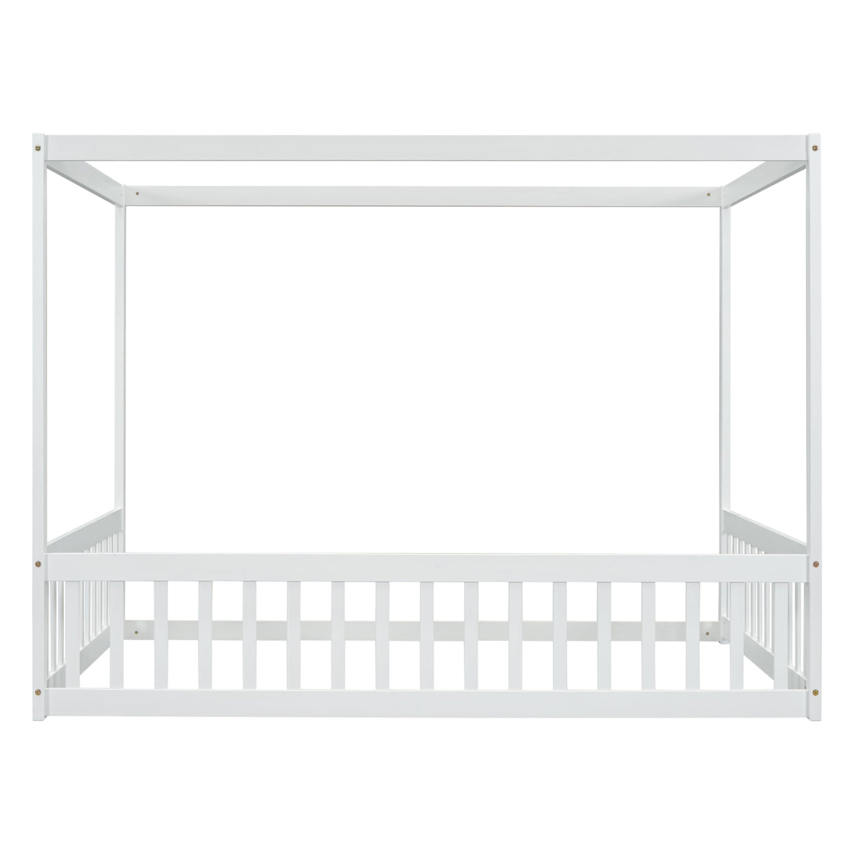 Full Size Canopy Bed Frame with Guardrails for Kids,Floor Bed Full with Four Poster Design,Kids Montessori Floor Bed,Wood Canopy Bed Frame for Girls,Boys(Full,White) Bellemave