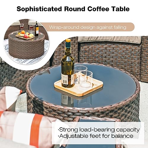 SUNSITT Outdoor Patio Furniture Set 13-Piece Round Sectional Sofa Curved Wicker Sofa with 4 Side Table and Pillows, Brown Rattan & Beige Cushion SUNSITT
